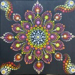 A complex, tessellated, radiating outward pattern of dots on a square black background. The dots are white, yellow, orange, and red. In each corner is a flame pattern pointing inward to the middle