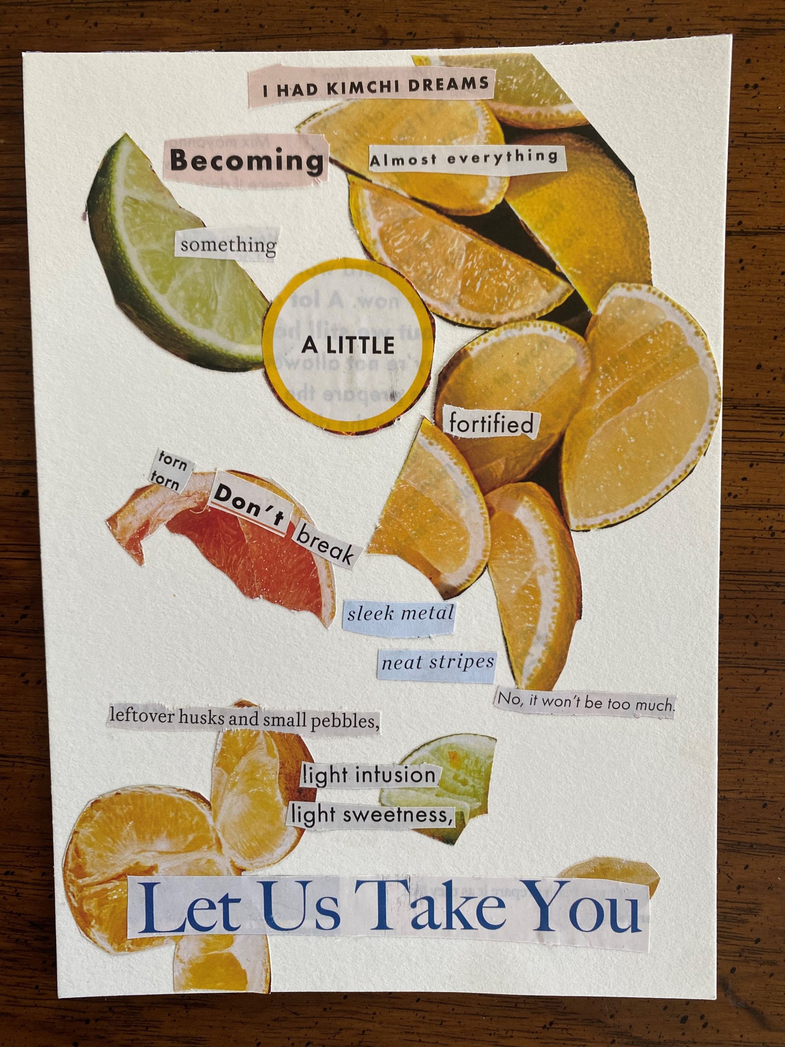 cut outs of fruit pictures from the grocery mail insert - lime, orange, grapefruit. Cut outs of words from magazines: I had kimchi dreams, becoming, almost everything, something, a little, fortified, torn torn, don't, break, sleek metal, neat strips, No it won't be too much, leftover husks and small pebbles, light infusion, light sweetness, Let US Take You