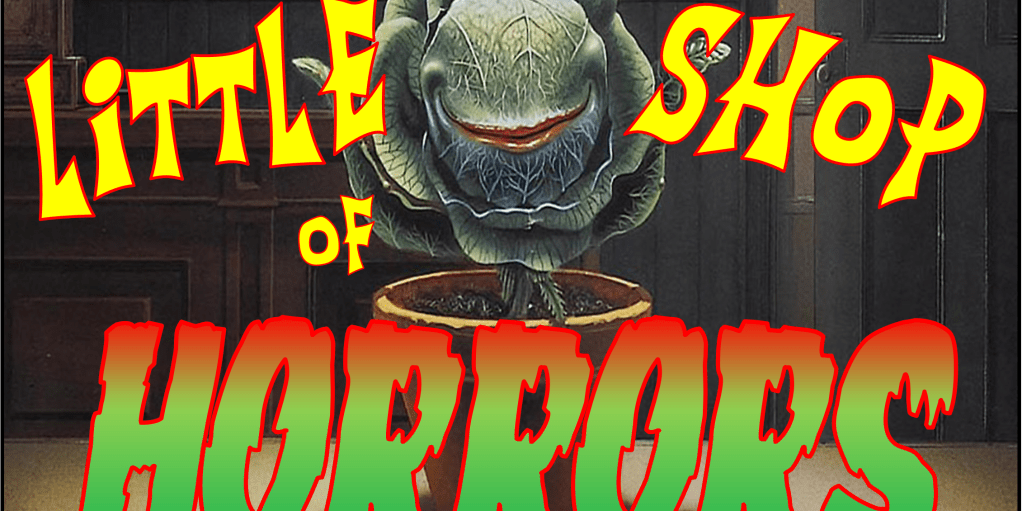 The title "Little Shop of Horrors" is in three lines of text, the first two lines with yellow font, the last line in large green letters. There is a venus fly trap in a pot in the middle