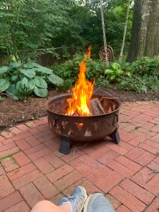 A round cauldron holds a fire. It's on a red brick patio. There are hostas in the background.