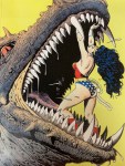 Wonder Woman is standing inside the mouth of a giant lizard or dinosaur with dozens of sharp teeth. She is holding open the jaws.