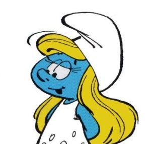 A blue-skinned cartoon woman with blonde hair, white hat, and white dress.