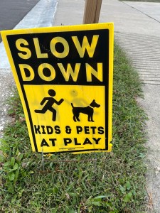 A yellow yard sign that says, "slow down, kids and pets at play." There is an  emoji of a person running and a dog on the sign. It's in the grass with a sidewalk next to it