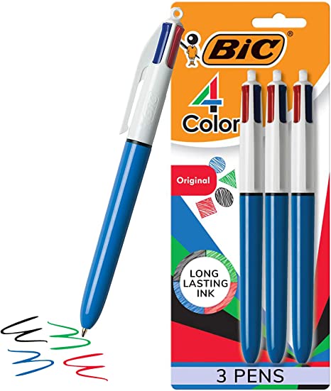a package of three BIC pens with one on the side of the container. There are four scribbles on the side: black, blue, green, and red