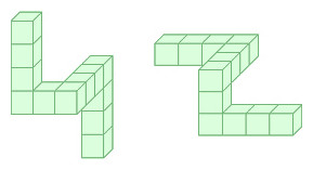 two 3-D shapes composed of green blocks. They are snake-like in shape