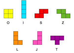 Block drawings of the seven shapes in Tetris