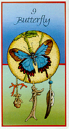 A picture of the butterfly animal medicine card. It is a blue butterfly with black edges around the wings. It has the number 9 at the top