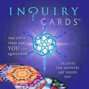image of the Inquiry Cards package. The package is purple, the cards are hexagonal, and have kaleidoscope images on them. The text says, "The deck that asks you the questions because the answers are inside you."